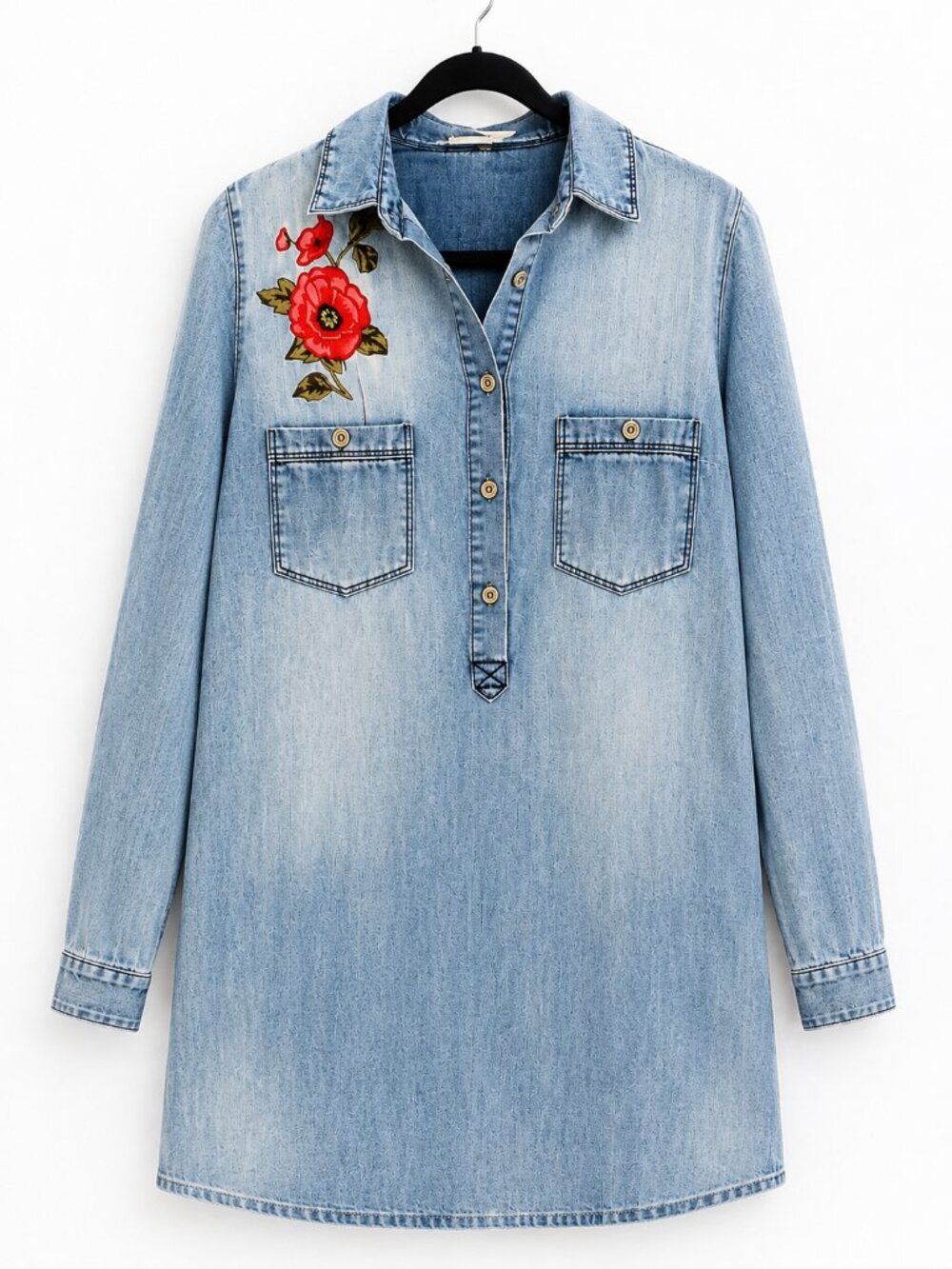 En Crème Denim Embroidered Shirt Dress | Floral Embroidery